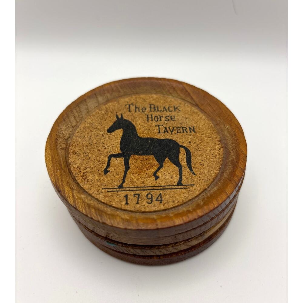 MCM Wood Cork Black Horse Tavern Ad Cowboy Drink Coasters Japan Set of 4